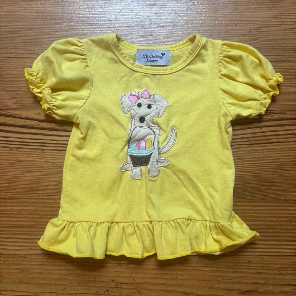 MK Clothing Designs yellow dog Easter eggs basket short sleeve girls top SIZE 2T